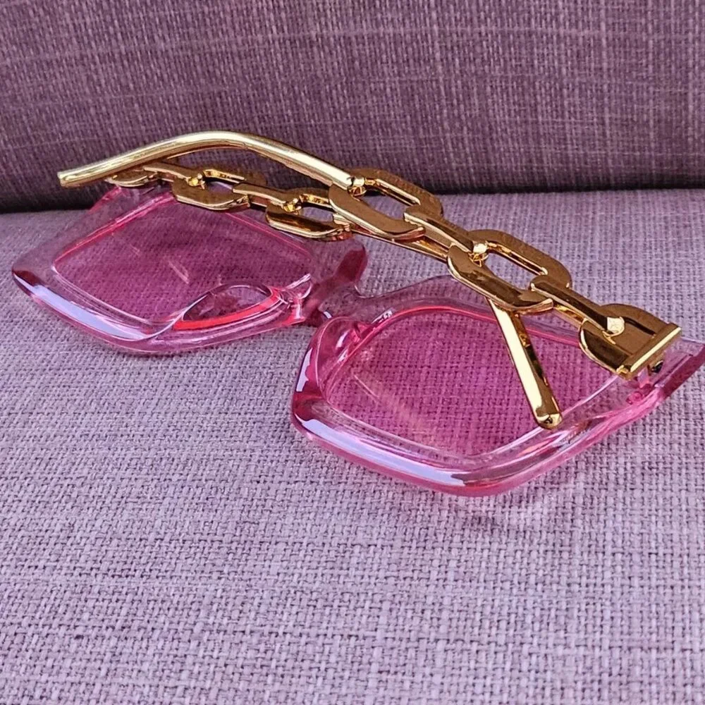 Fashion Women Sunglasses Pink Frame Gold Tone Temple Fancy Eyewear Shades